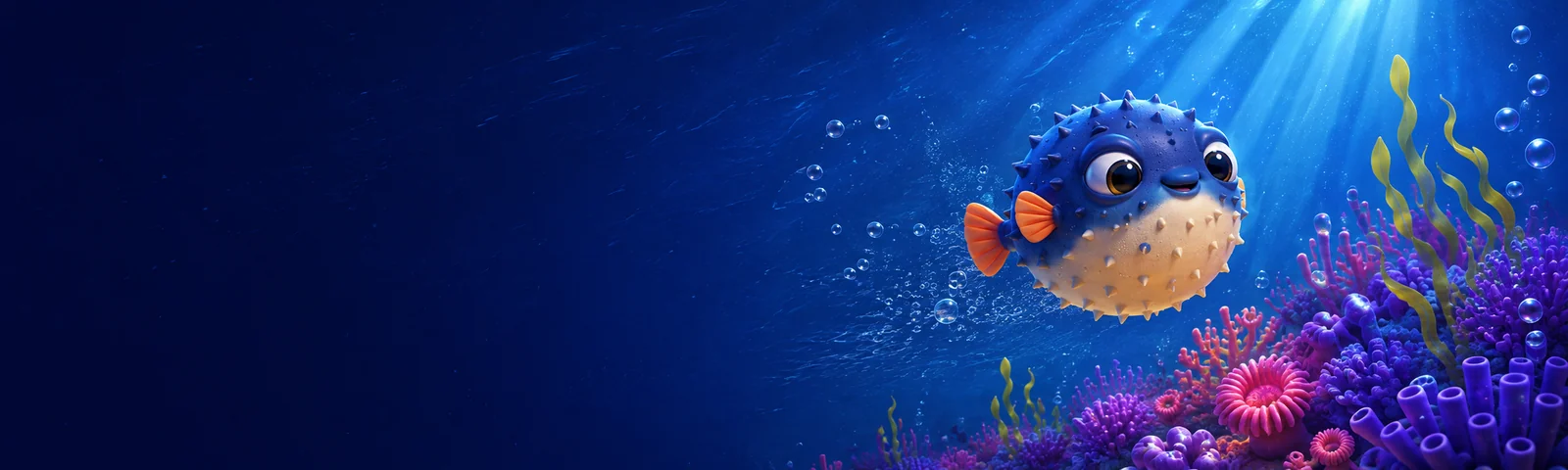 Fugu Casino Maskottchen schwimmt an einem violetten Korallenriff vorbei