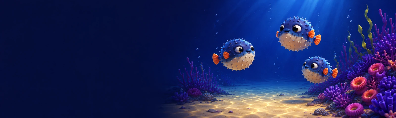 Drei Fugu Casino Maskottchen schweben nebeneinander über dem Sandboden